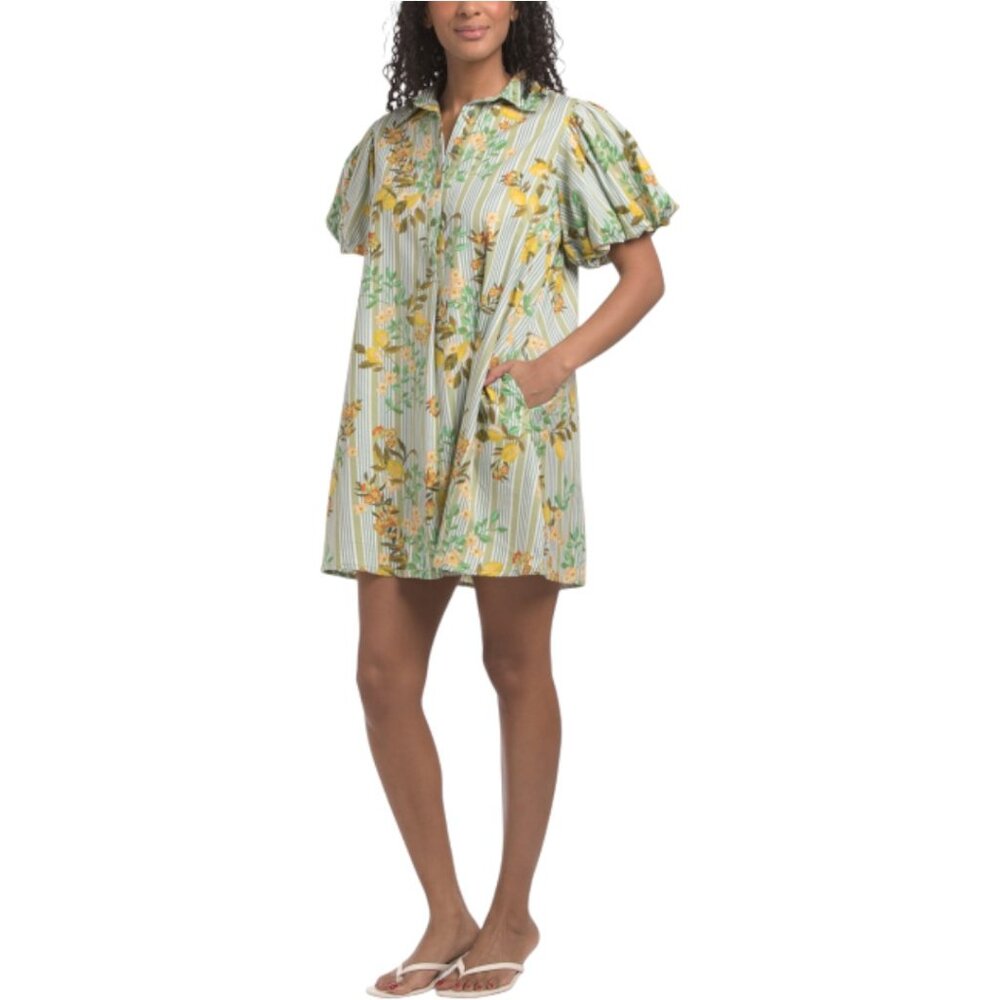 US TOGETHER Striped Floral Puff Sleeve Mini Dress